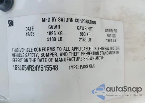 2004 Saturn L300 2 из США, поврежденный, VIN 1G8JD54R24Y515548